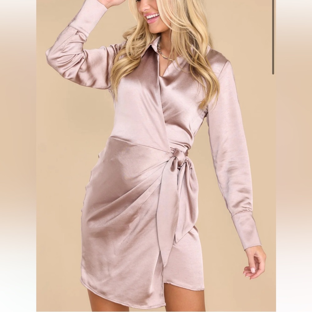 Mocha satin long sleeve dress